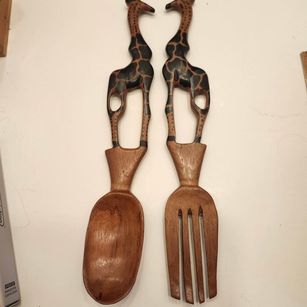 African Safari Hand-Carved Wooden Giraffe Salad Servers Spoon Fork Set Decor